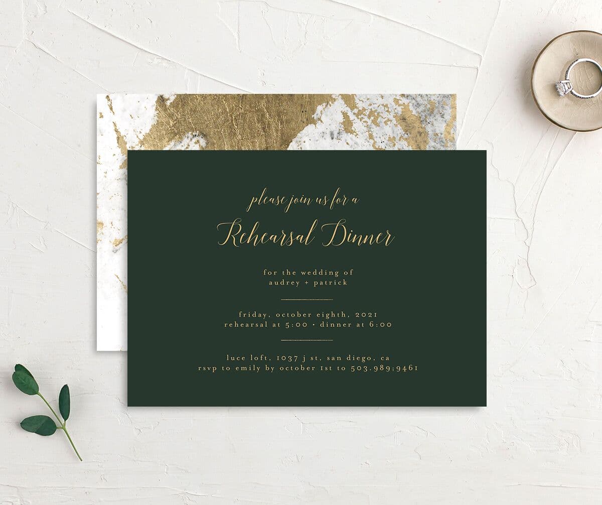 Marble Glamour Rehearsal Dinner Invitations front-and-back in green