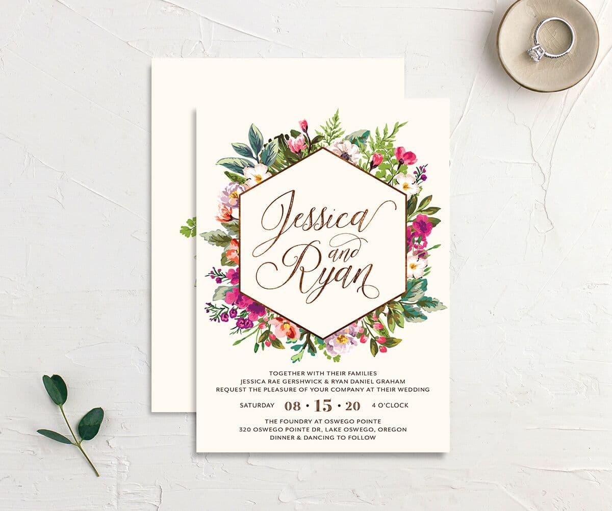 Bold Bouquet Wedding Invitations front-and-back in cream