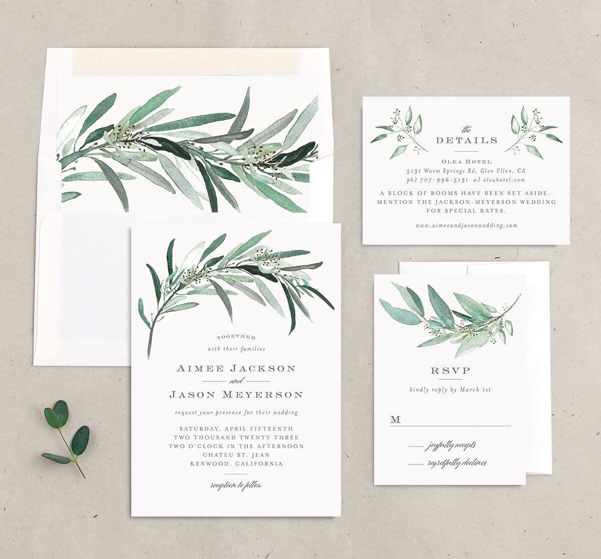 Painted Branch Wedding Invitations suite in green