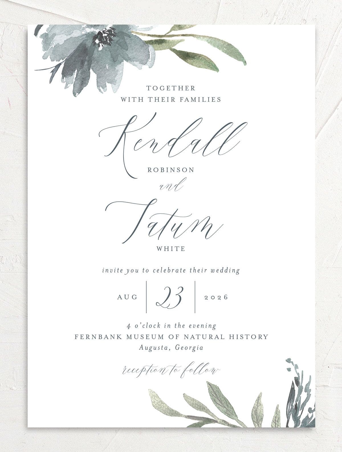 Breezy Botanical Wedding Invitations front in blue