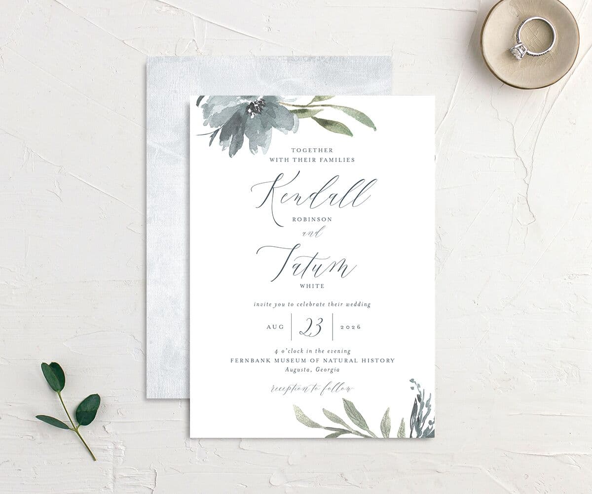 Breezy Botanical Wedding Invitations front-and-back in blue