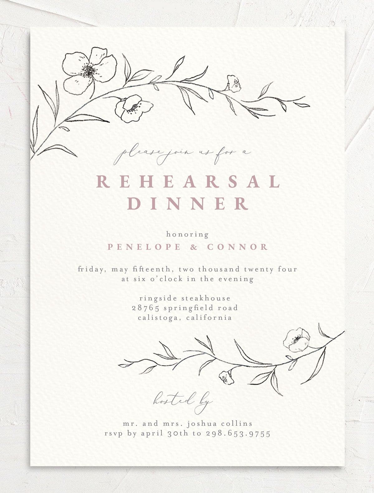 Minimalist Branches Rehearsal Dinner Invitations front in pink
