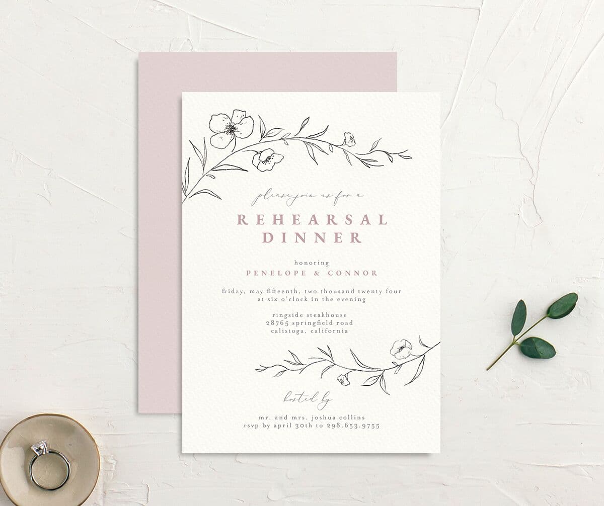 Minimalist Branches Rehearsal Dinner Invitations front-and-back in pink