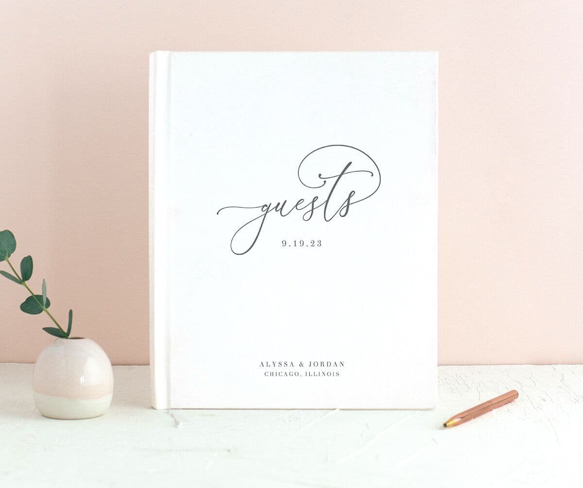 Elegant Calligraphy Wedding Guest Book front in grey