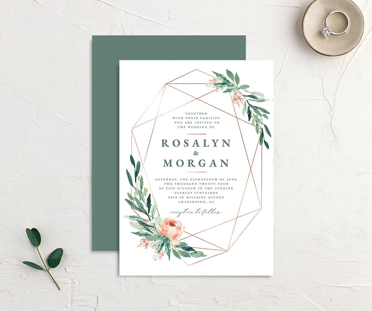 Geometric Floral Wedding Invitations front-and-back in green