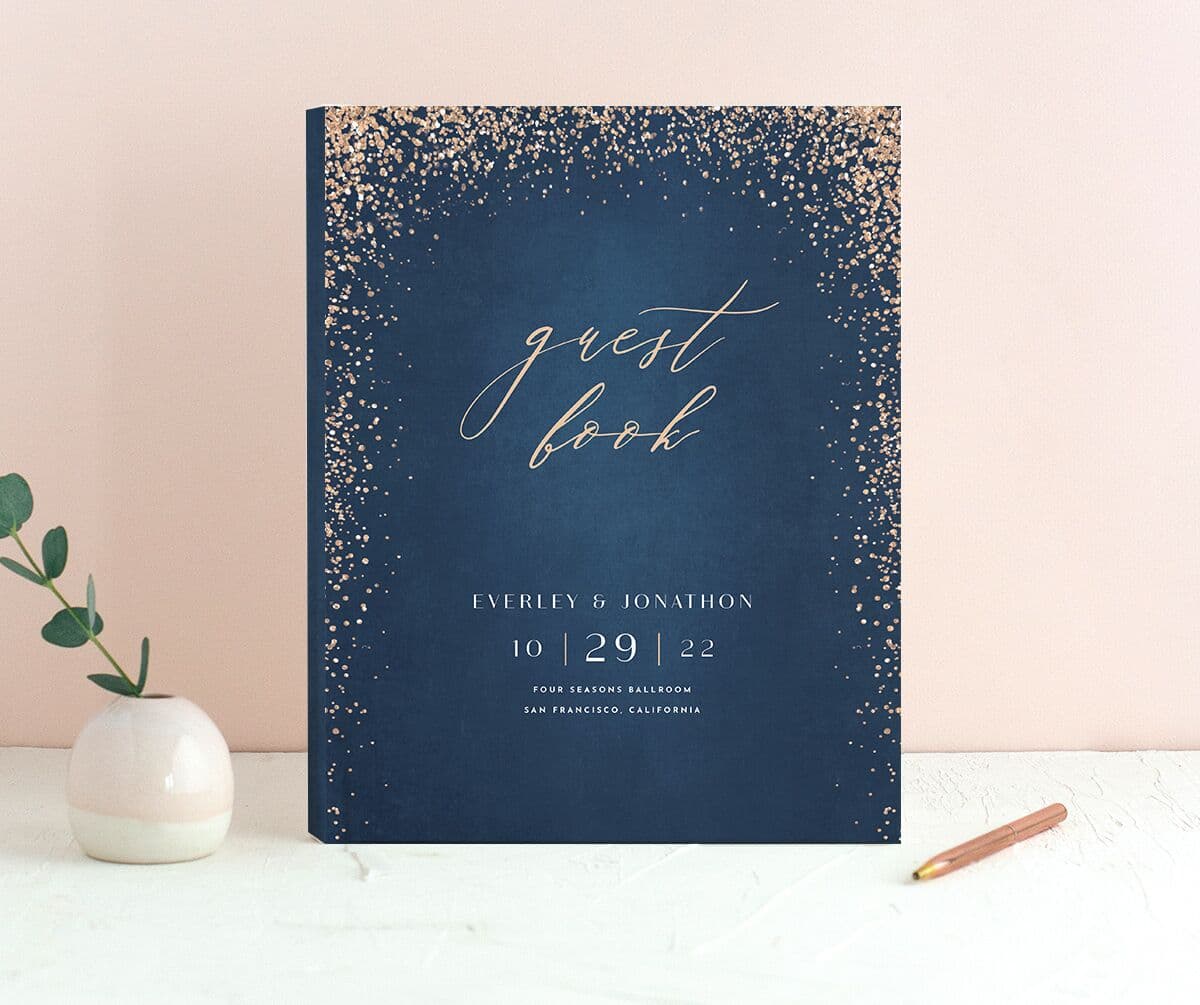 Elegant Glamour Wedding Guest Book front in blue