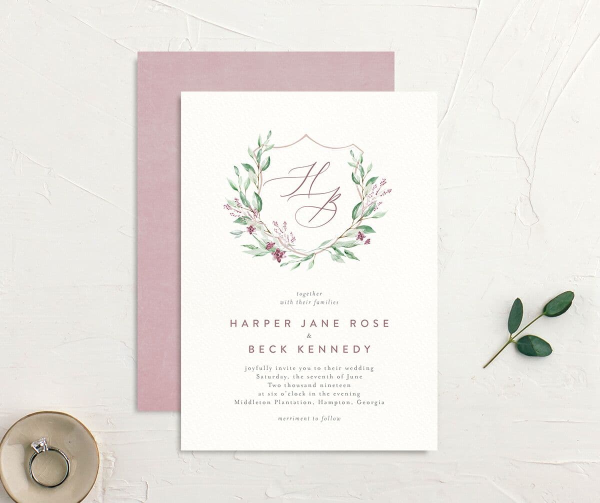 Rustic Emblem Wedding Invitations front-and-back in pink
