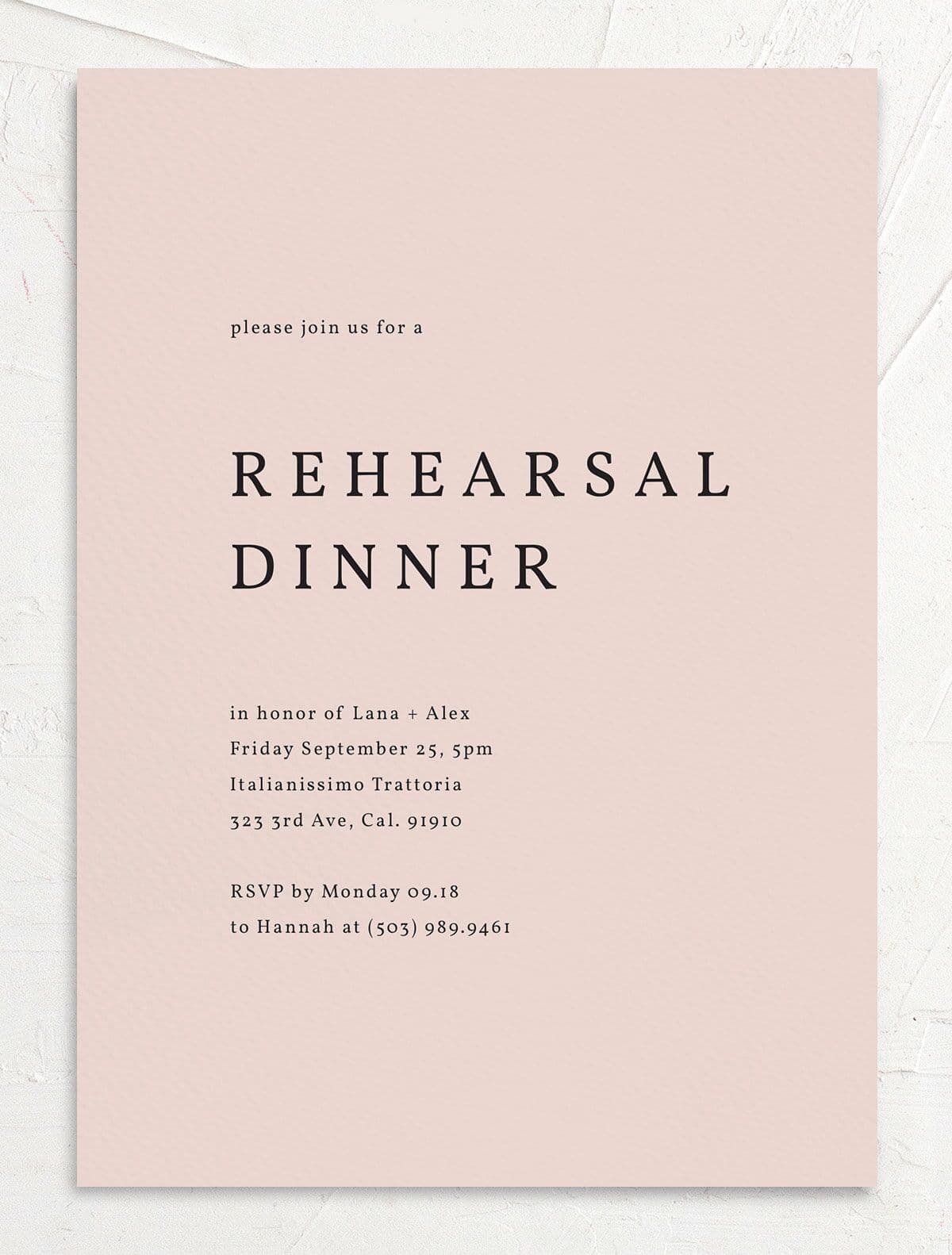 Modern Chic Rehearsal Dinner Invitations front in pink