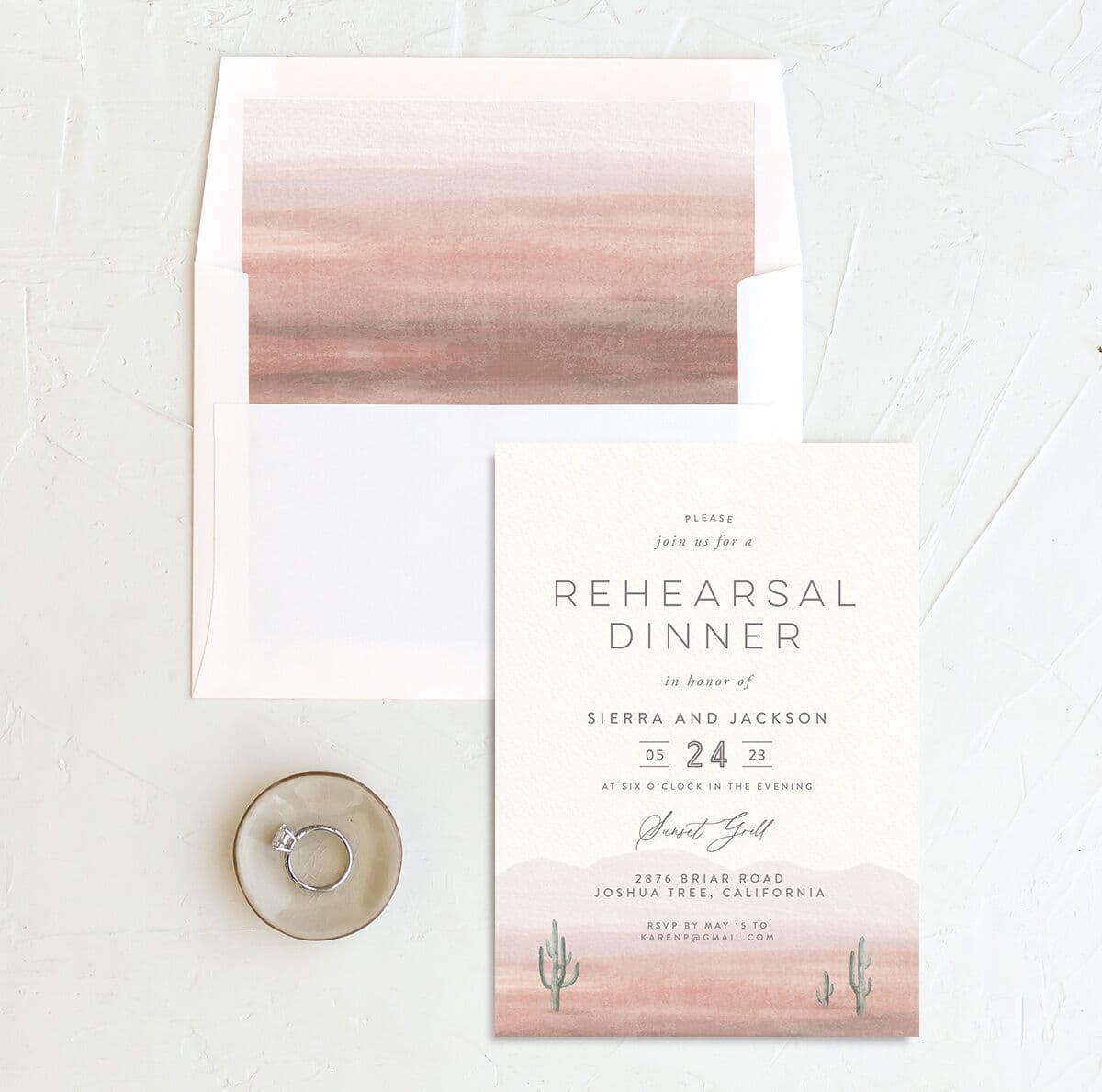 Painted Landscape Rehearsal Dinner Invitations envelope-and-liner in pink