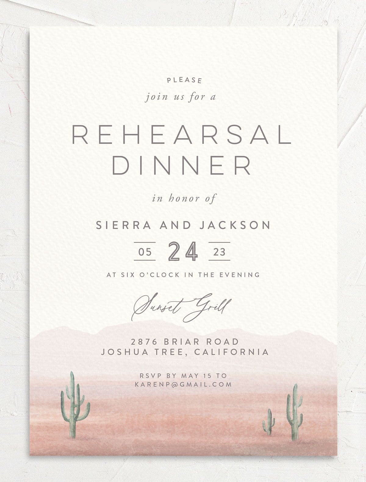 Painted Landscape Rehearsal Dinner Invitations front in pink