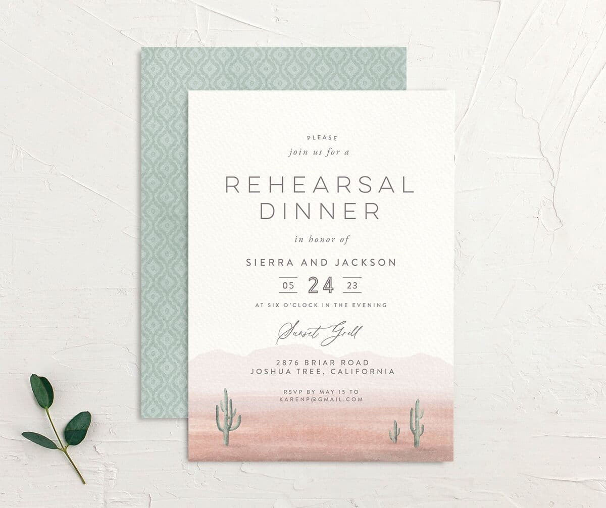 Painted Landscape Rehearsal Dinner Invitations front-and-back in pink