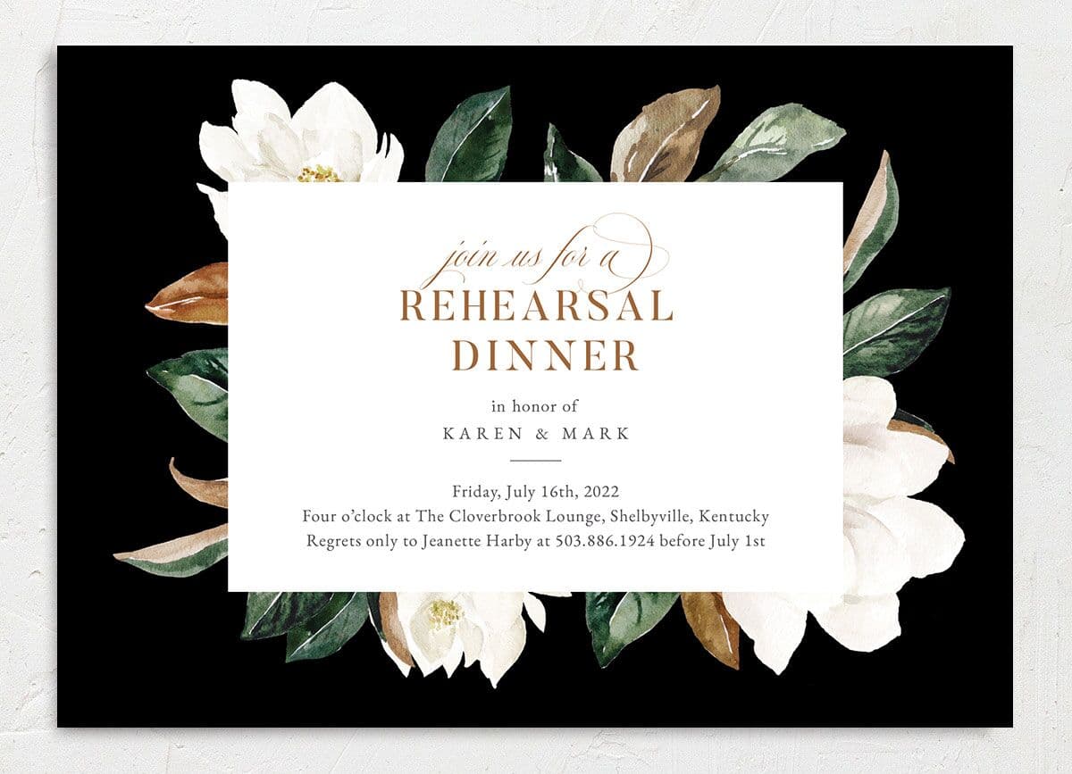Romantic Blooms Rehearsal Dinner Invitations front in black