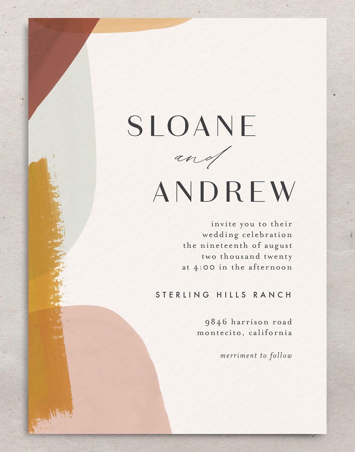 Contemporary Brushstroke Wedding Invitations front in gold
