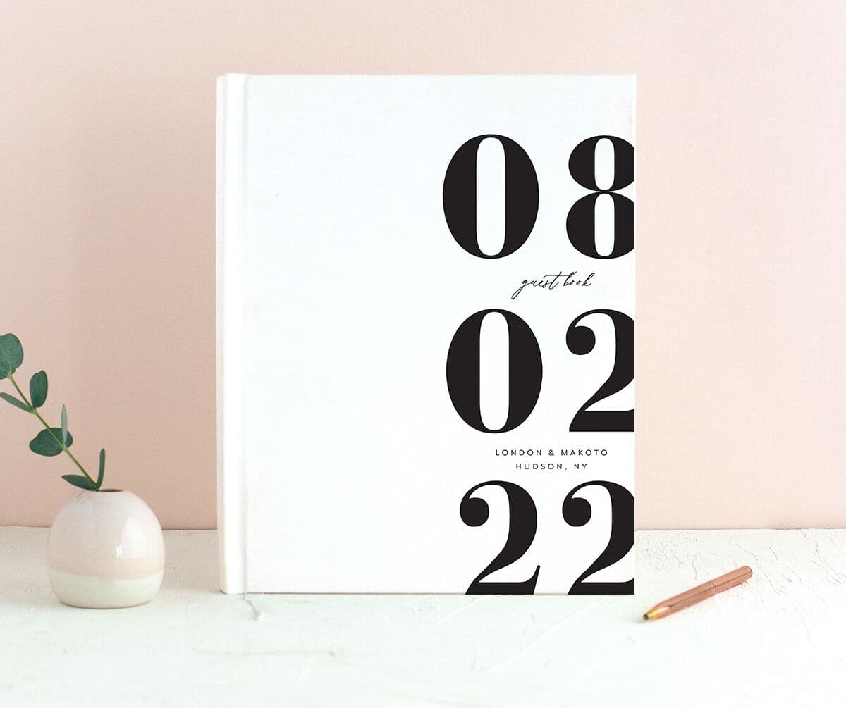 Contemporary Bold Wedding Guest Book front in white