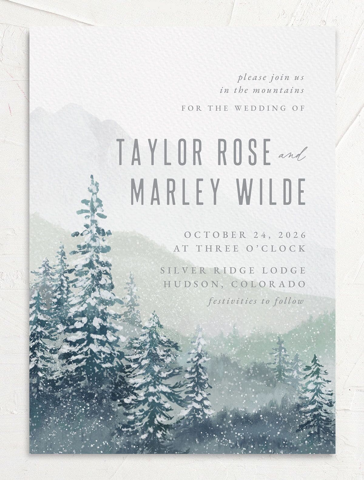 Mountain Canvas Wedding Invitations front in teal