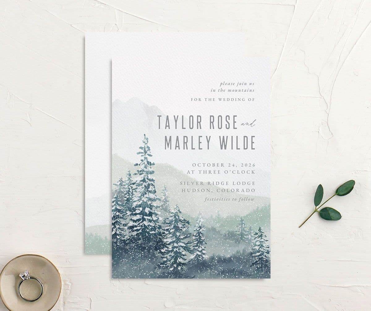 Mountain Canvas Wedding Invitations front-and-back in teal