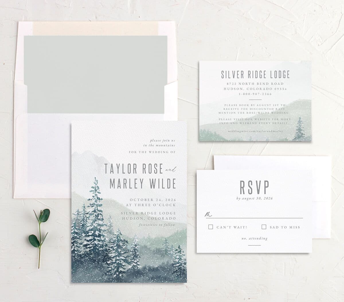 Mountain Canvas Wedding Invitations suite in teal