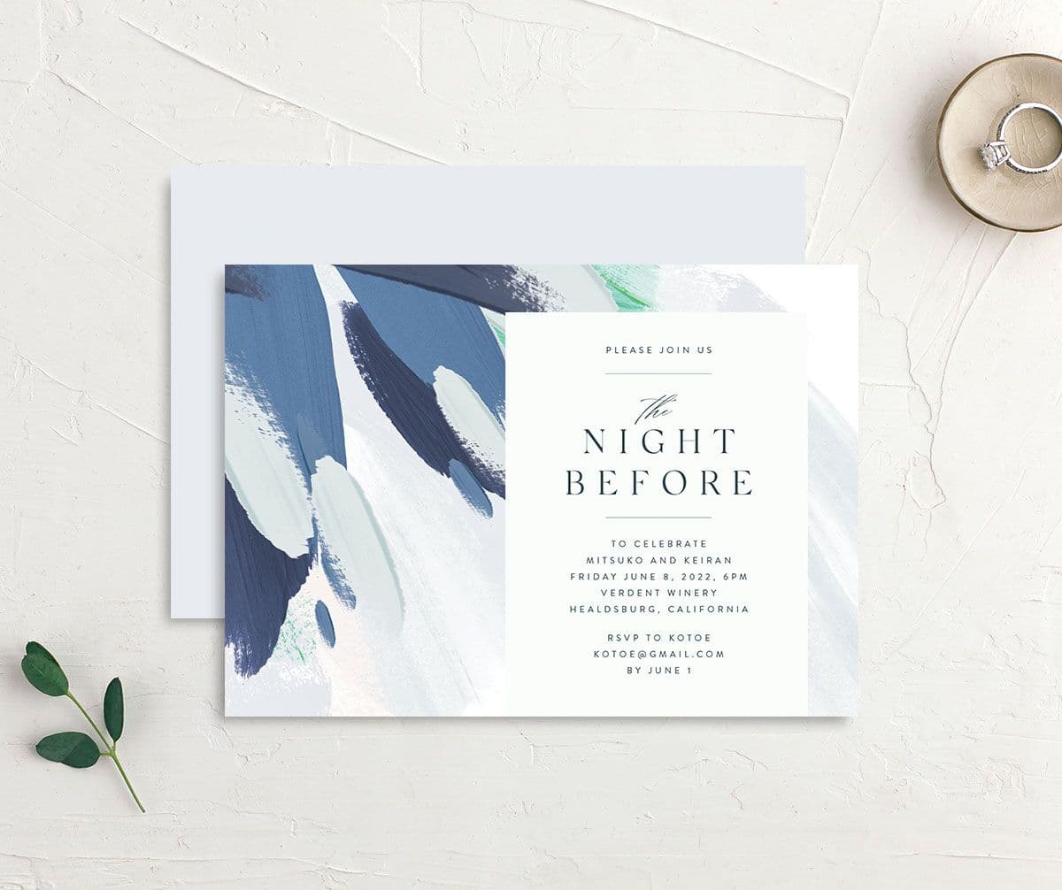 Floral Brushstroke Rehearsal Dinner Invitations front-and-back in blue