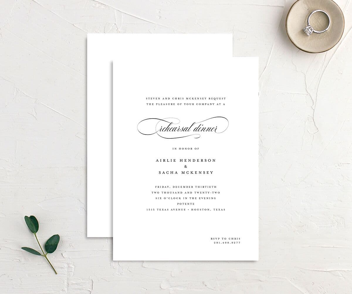 Sophisticated Script Rehearsal Dinner Invitations front-and-back in white