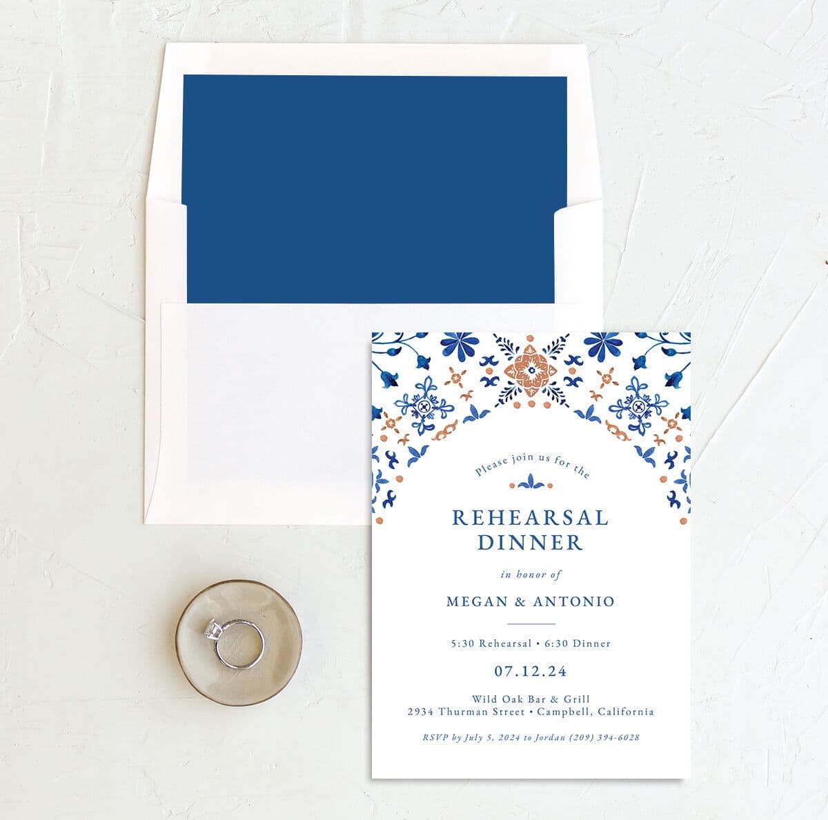Spanish Mosaic Rehearsal Dinner Invitations envelope-and-liner in blue