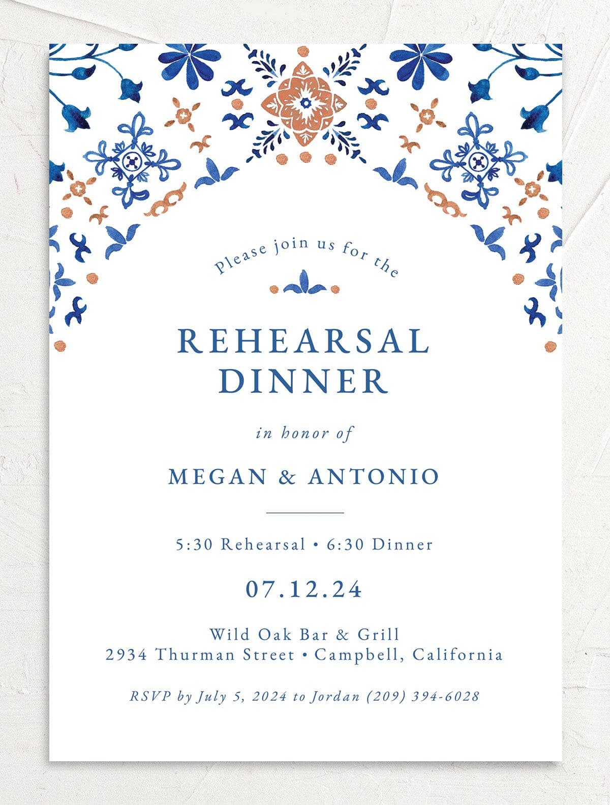 Spanish Mosaic Rehearsal Dinner Invitations front in blue