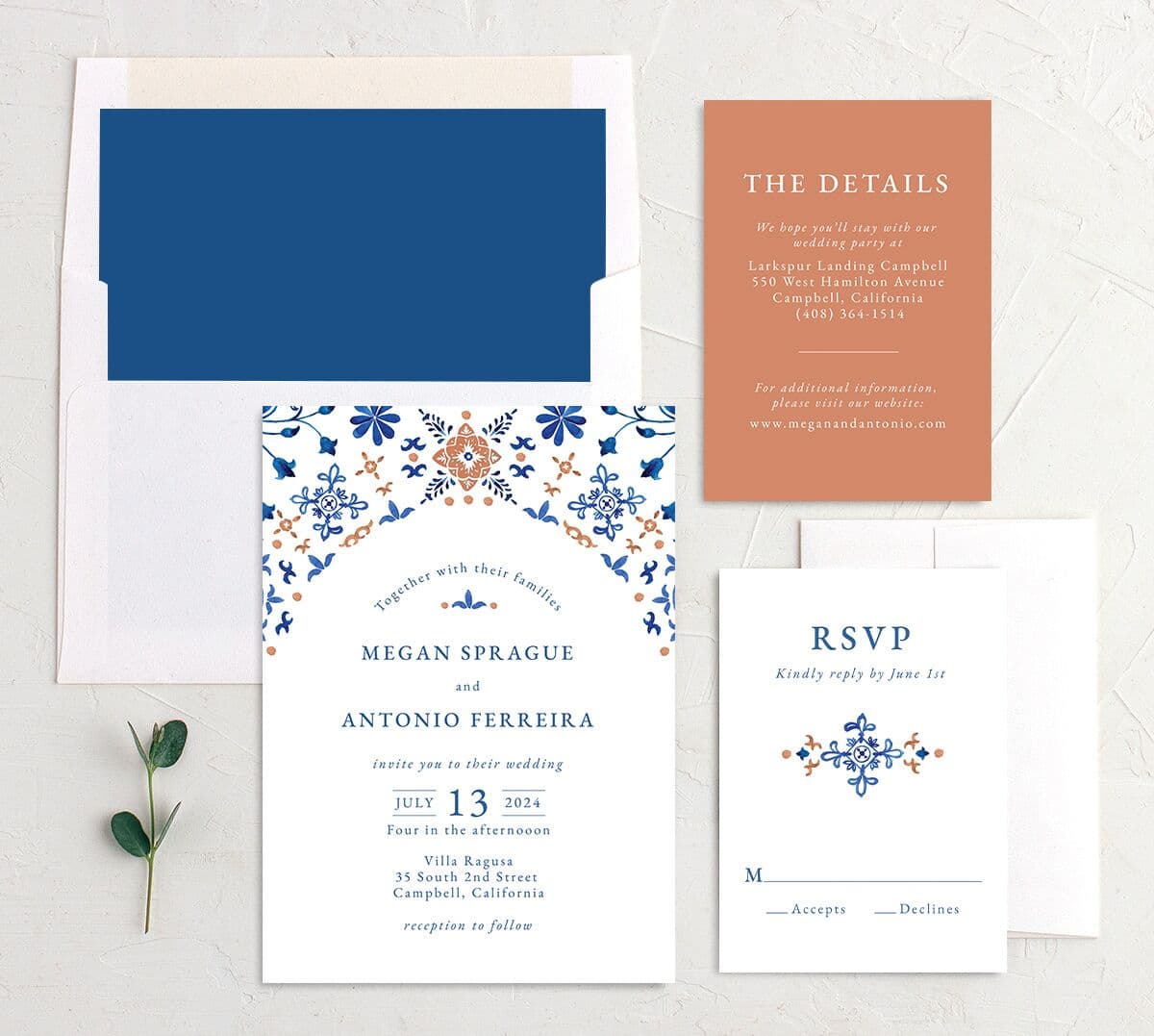 Spanish Mosaic Wedding Invitations suite in blue