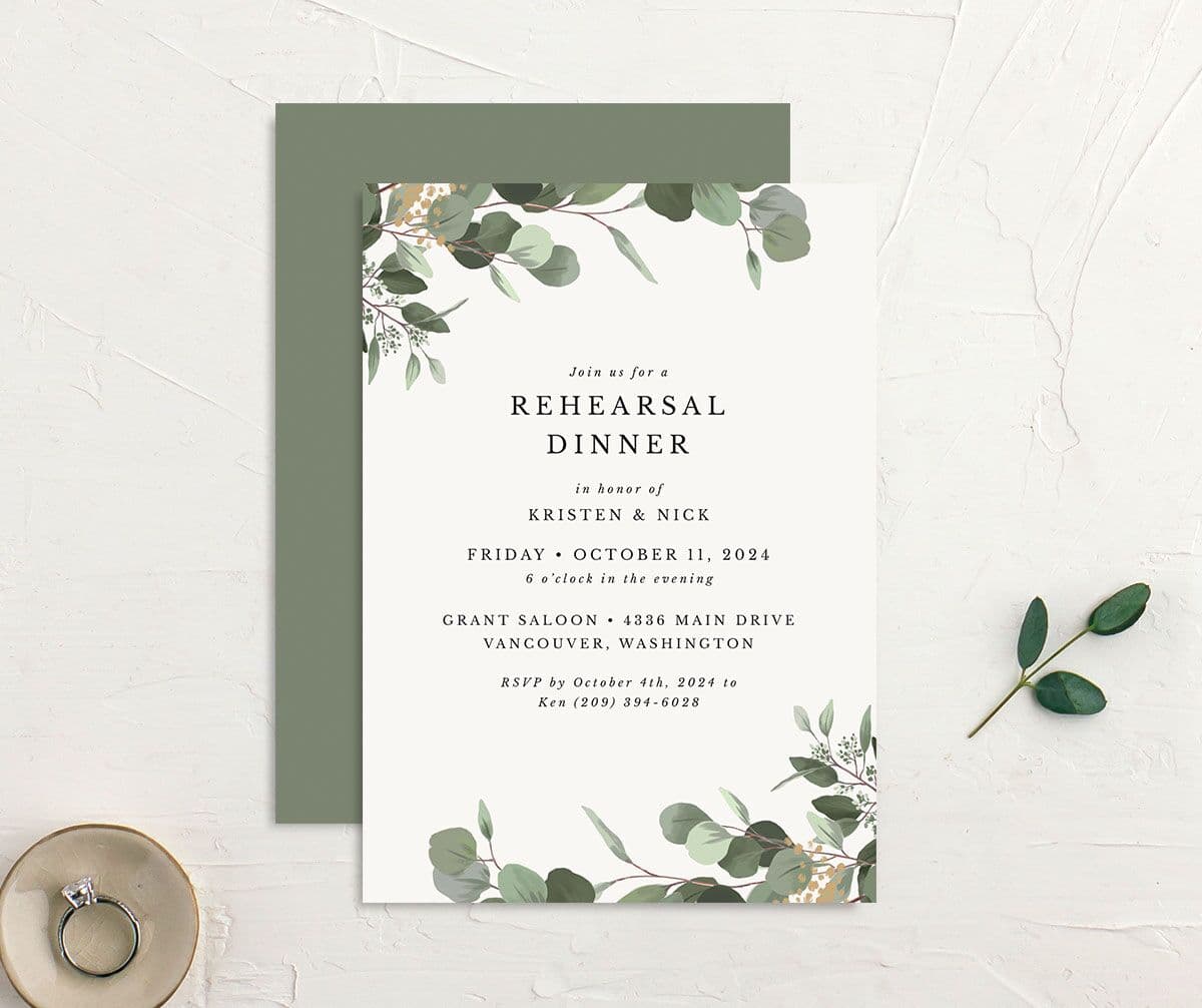 Painted Eucalyptus Rehearsal Dinner Invitations front-and-back in white