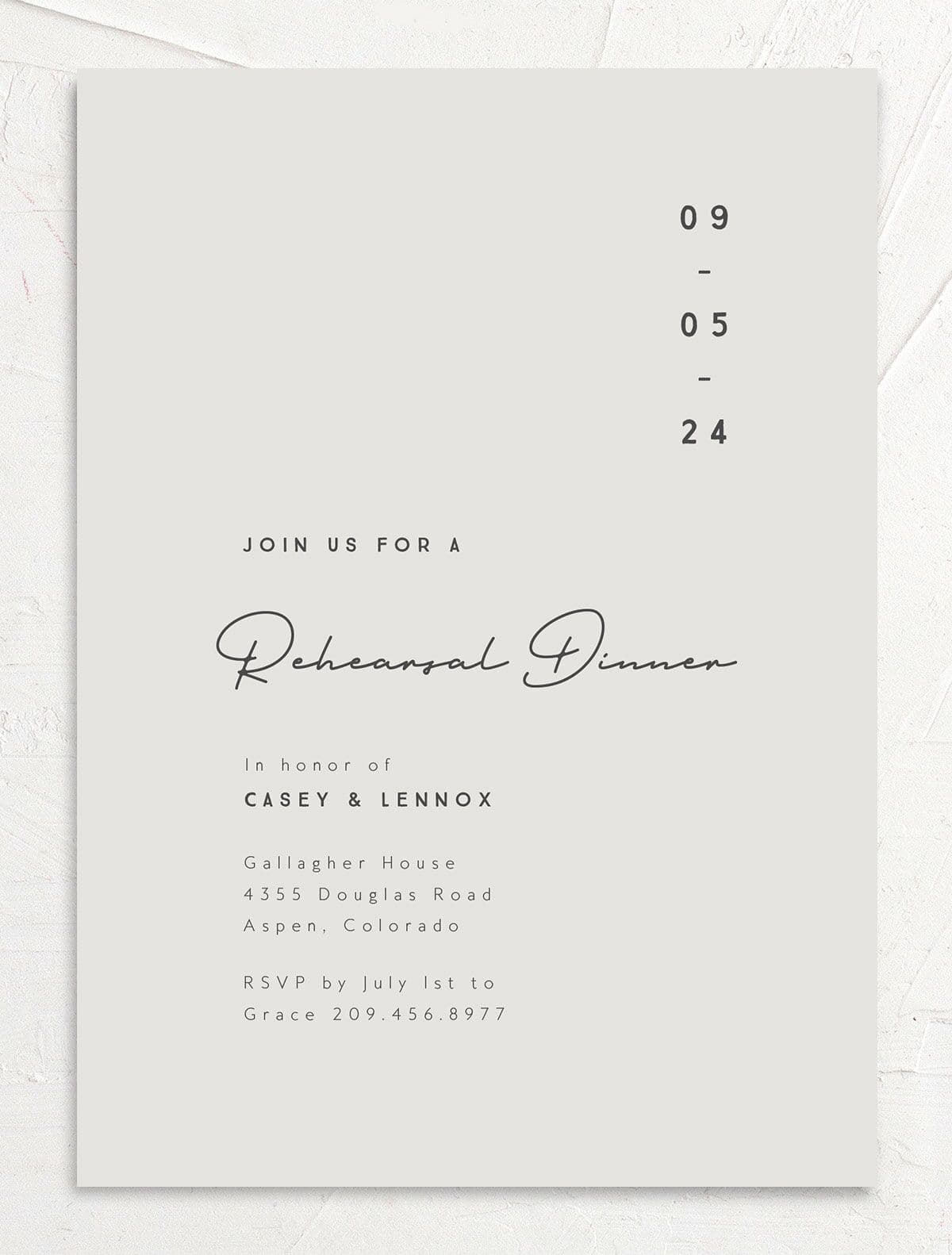 Minimalist Photography Rehearsal Dinner Invitations front in grey