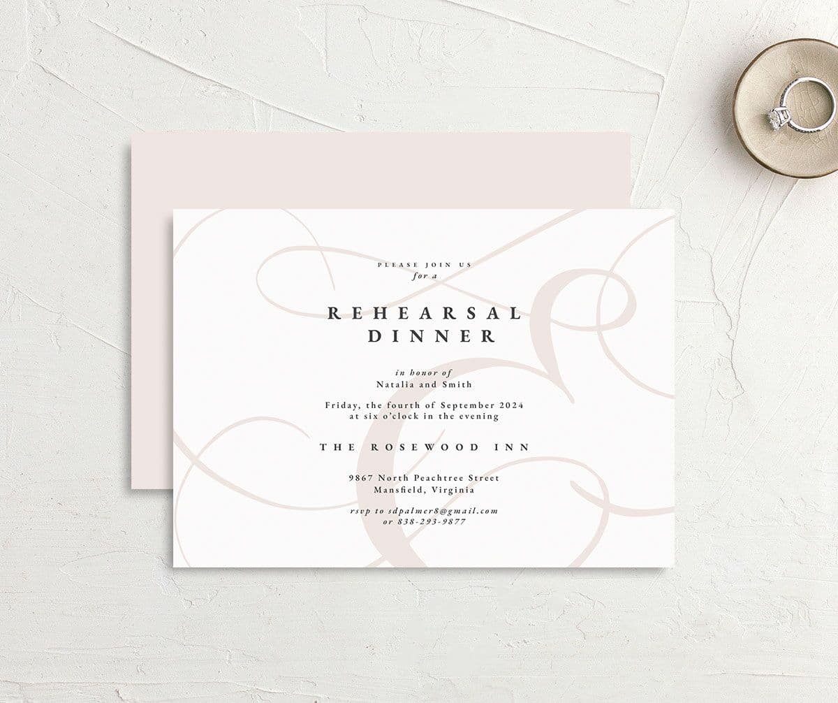 Ornate Ampersand Rehearsal Dinner Invitations front-and-back in white