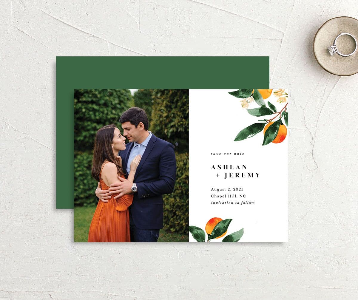 Orange Branches Save the Date Cards front-and-back in orange