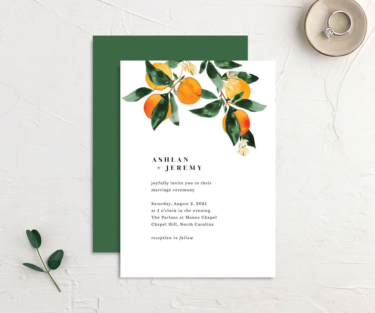 Orange Branches Wedding Invitations front-and-back in orange