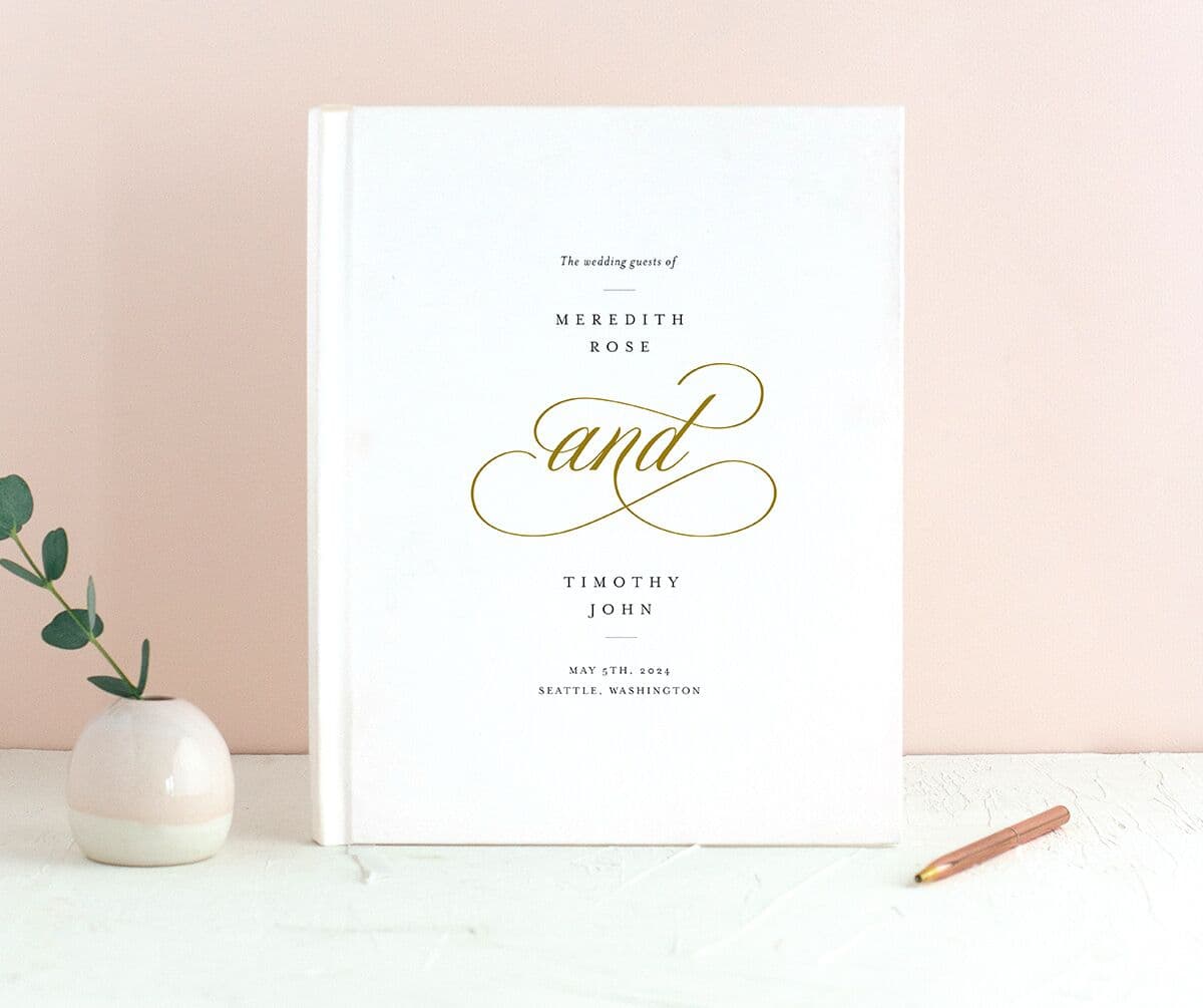 Delicate Embellishment Wedding Guest Book front in gold
