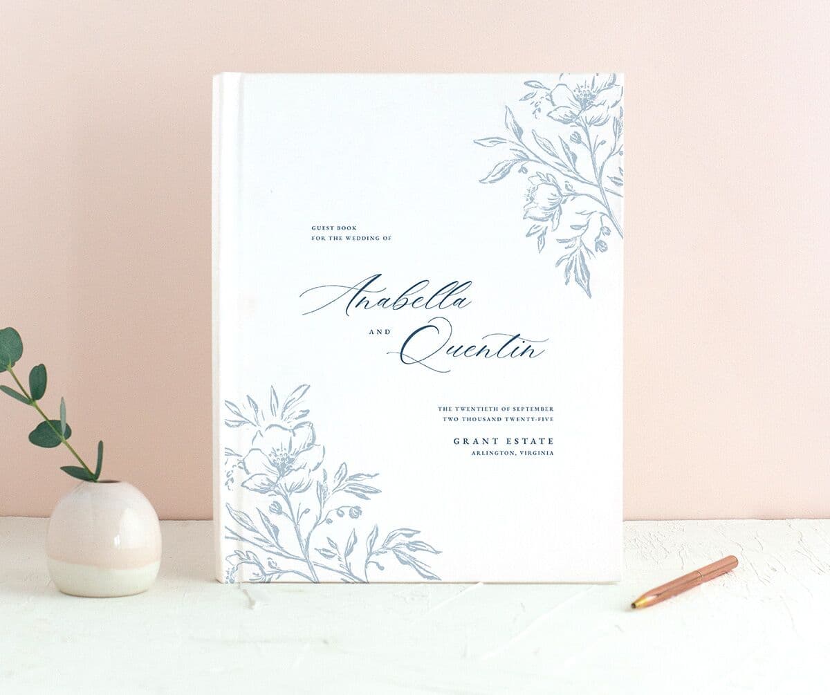 Delicate Blooms Wedding Guest Book front in blue