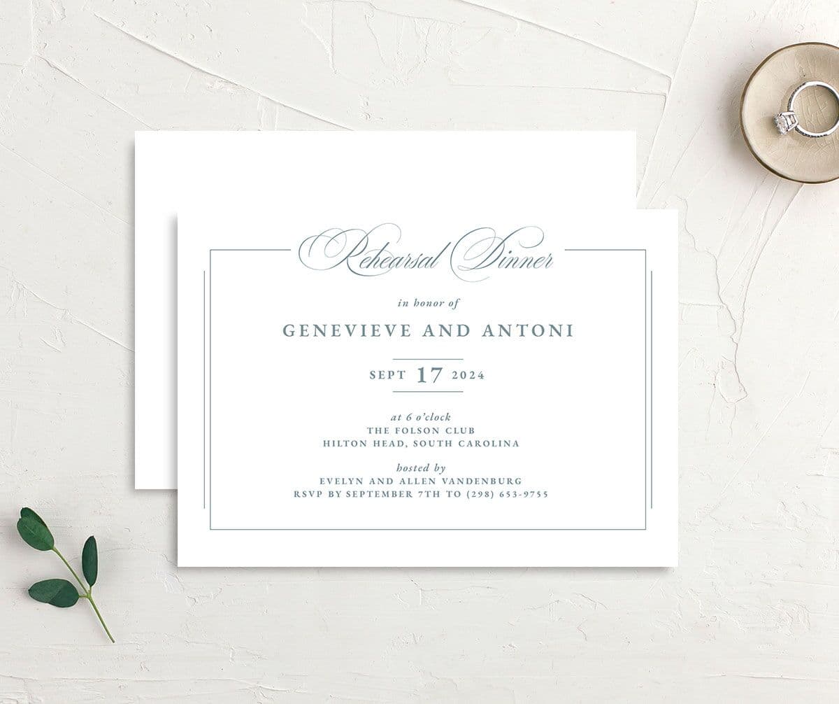 Refined Photograph Rehearsal Dinner Invitations front-and-back in white