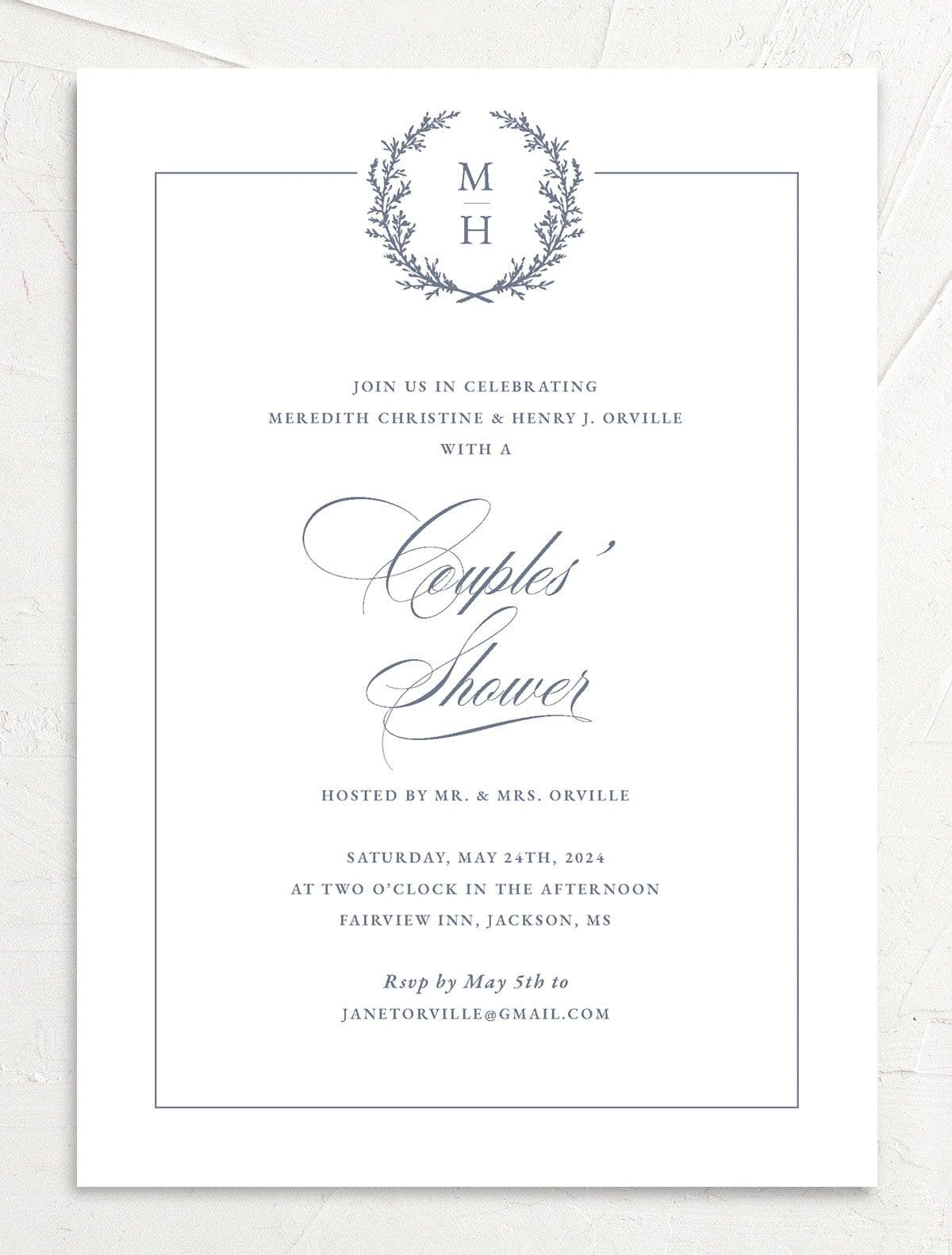 Classic Garland Bridal Shower Invitations front in blue