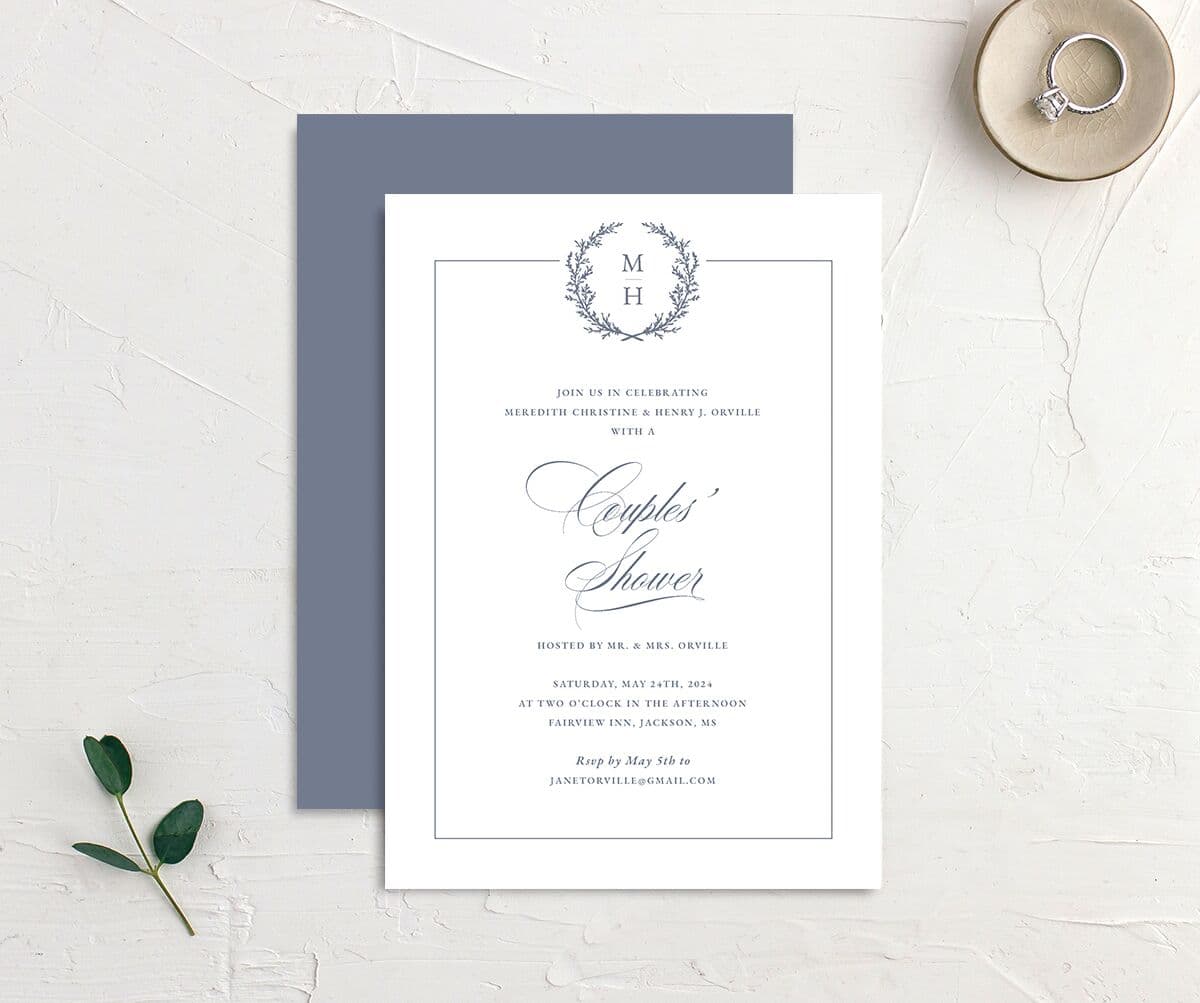 Classic Garland Bridal Shower Invitations front-and-back in blue