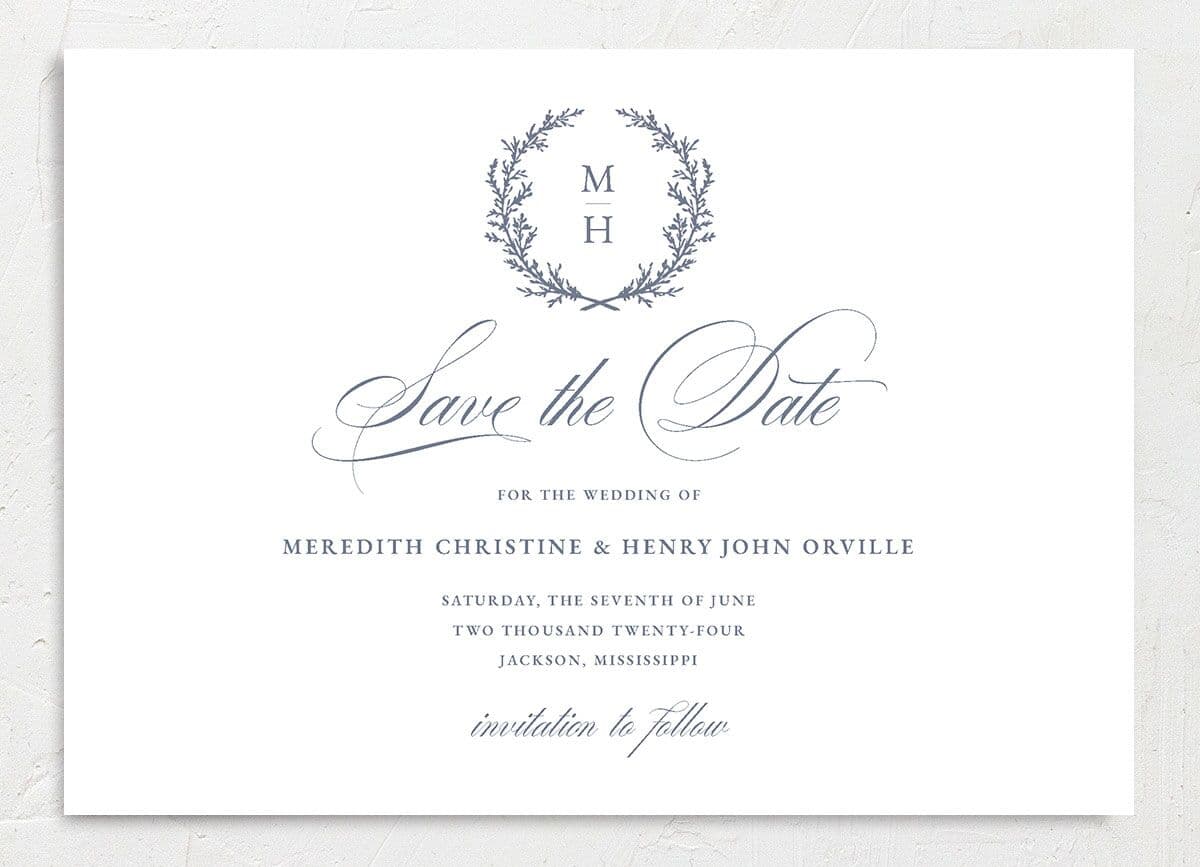 Classic Garland Save the Date Cards front in blue