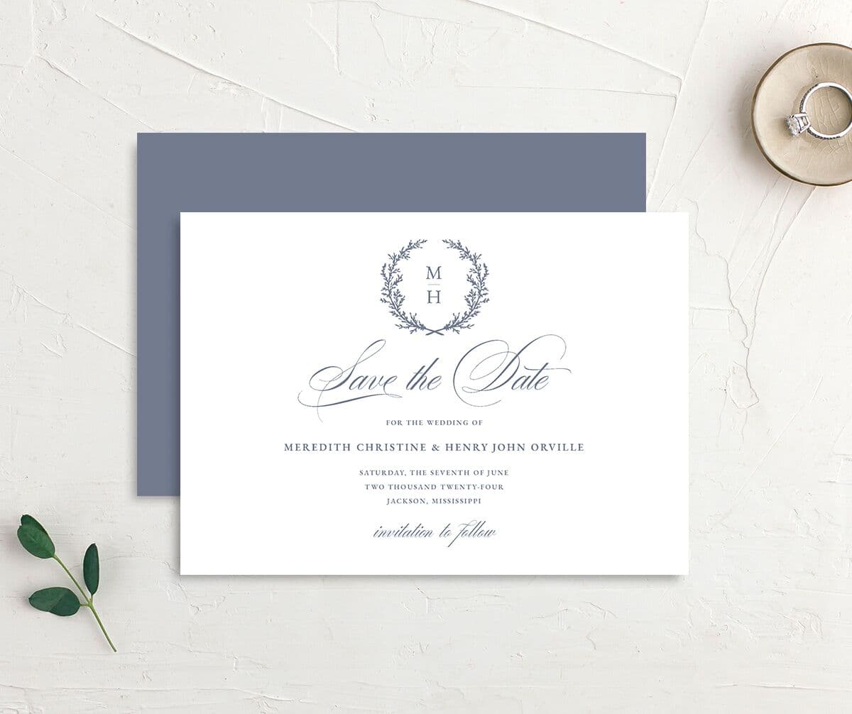 Classic Garland Save the Date Cards front-and-back in blue
