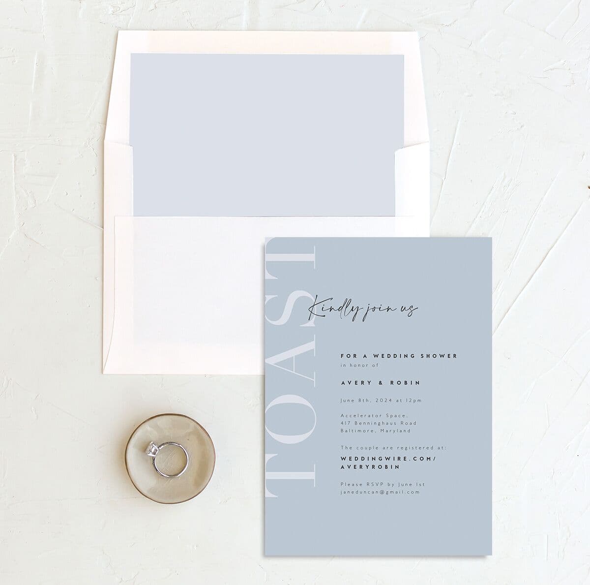 Elegant Contrast Bridal Shower Invitations envelope-and-liner in blue