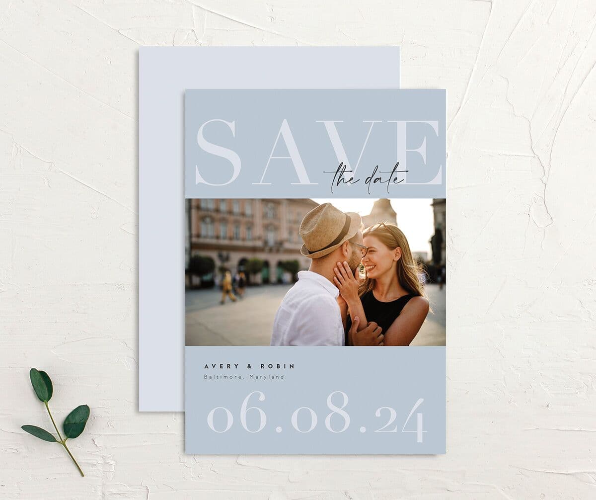 Elegant Contrast Save the Date Cards front-and-back in blue