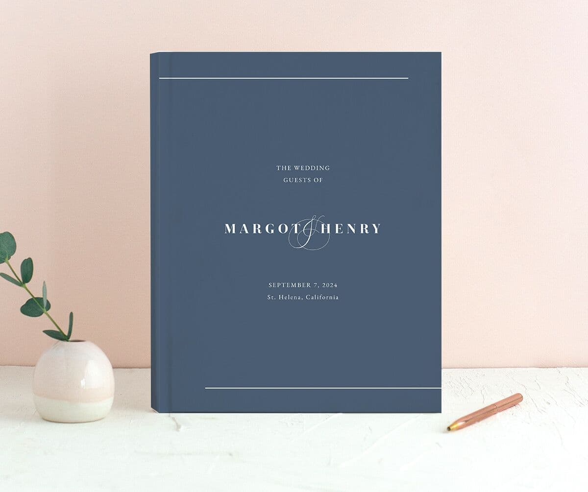 Refined Initials Wedding Guest Book front in blue