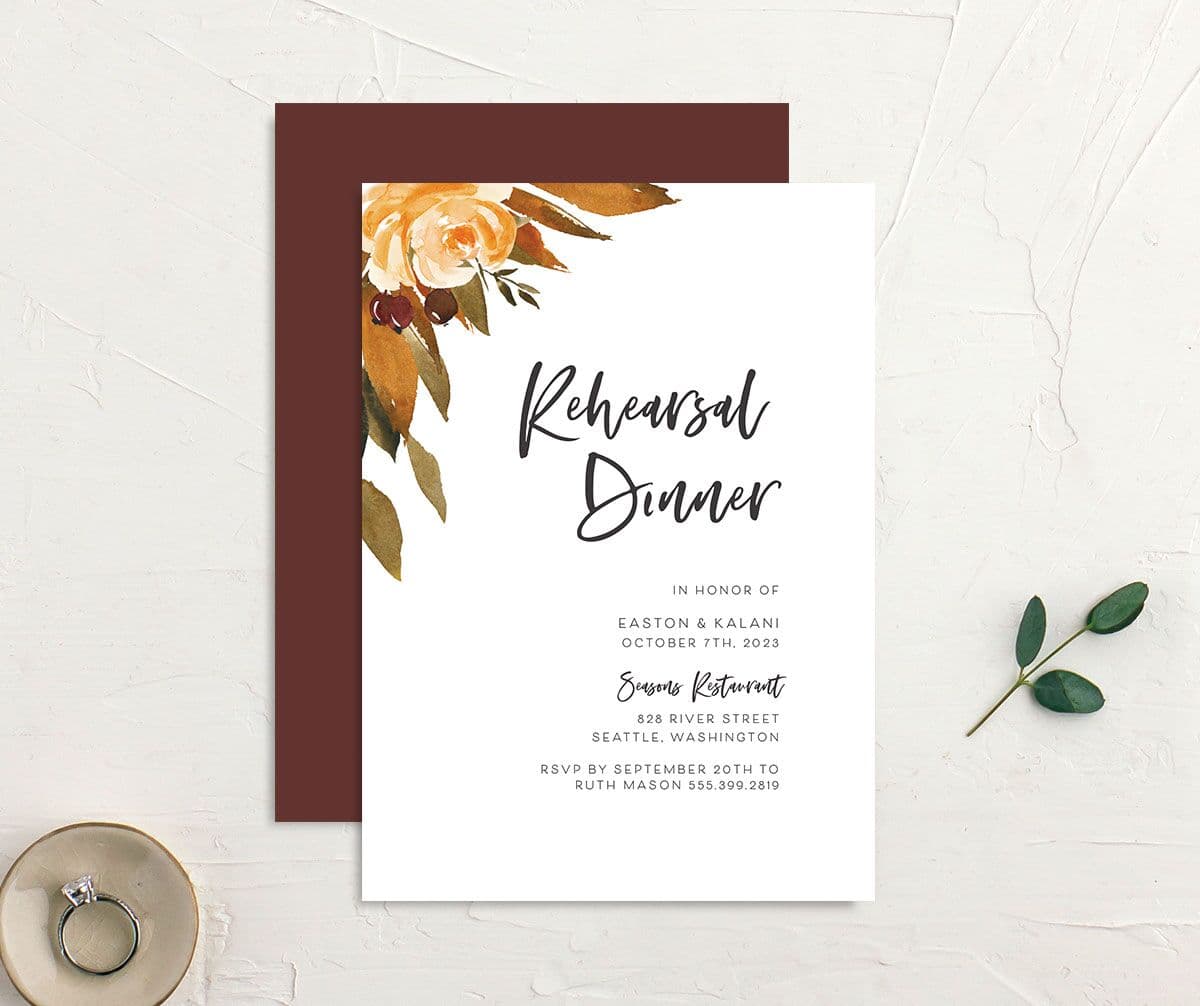 Autumnal Splendor Rehearsal Dinner Invitations front-and-back in brown