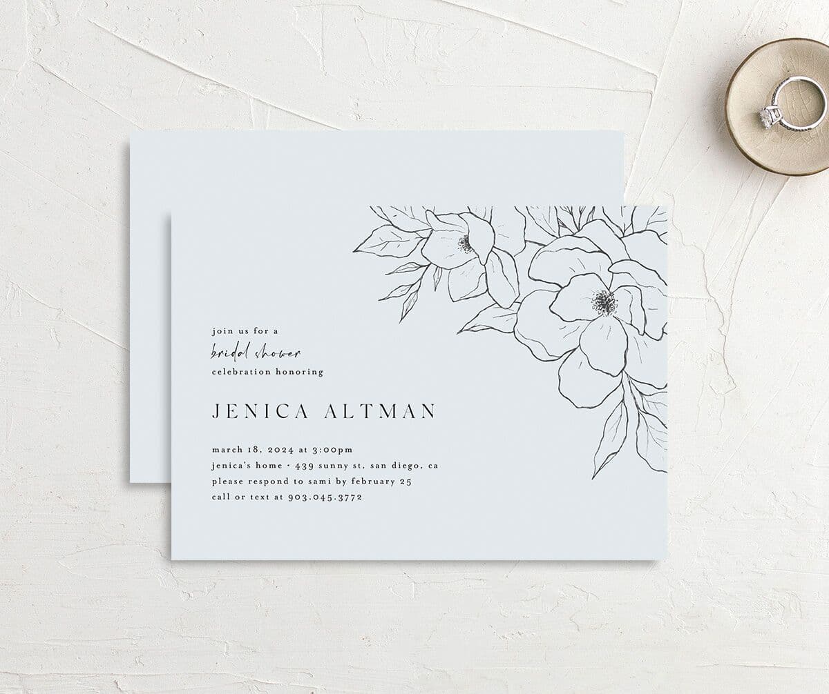 Etched Blossoms Bridal Shower Invitations front-and-back in blue